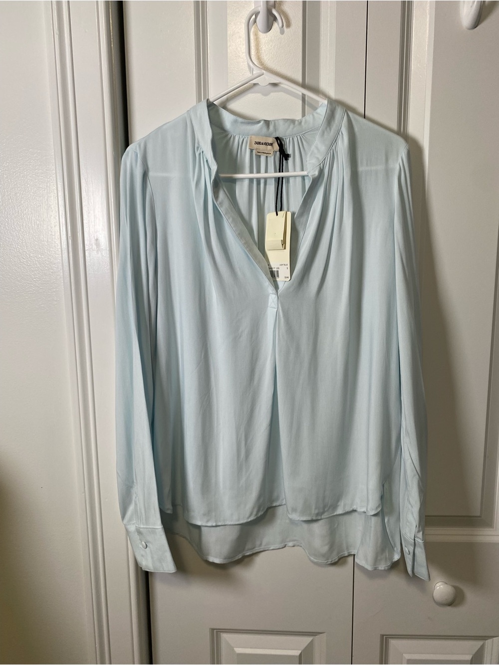 NWT Zadig & Voltaire Light Blue Tink Long-Sleeve V-Neck Blouse Retail $348